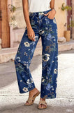 Chouyatou Women's Straight Leg Jeans High Rise Vintage Floral Printed Wide Leg Trendy Stretchy Baggy Casual Denim Pants