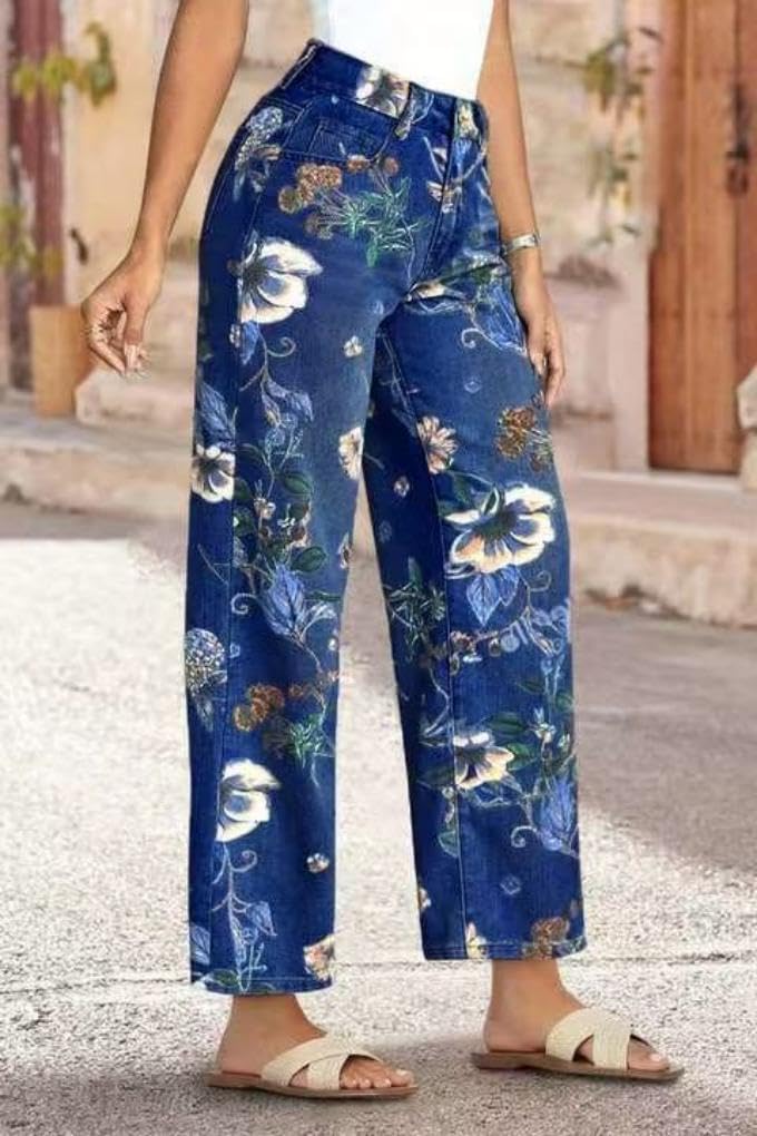 Chouyatou Women's Straight Leg Jeans High Rise Vintage Floral Printed Wide Leg Trendy Stretchy Baggy Casual Denim Pants