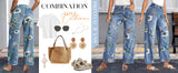 Chouyatou Women's Straight Leg Jeans High Rise Vintage Floral Printed Wide Leg Trendy Stretchy Baggy Casual Denim Pants