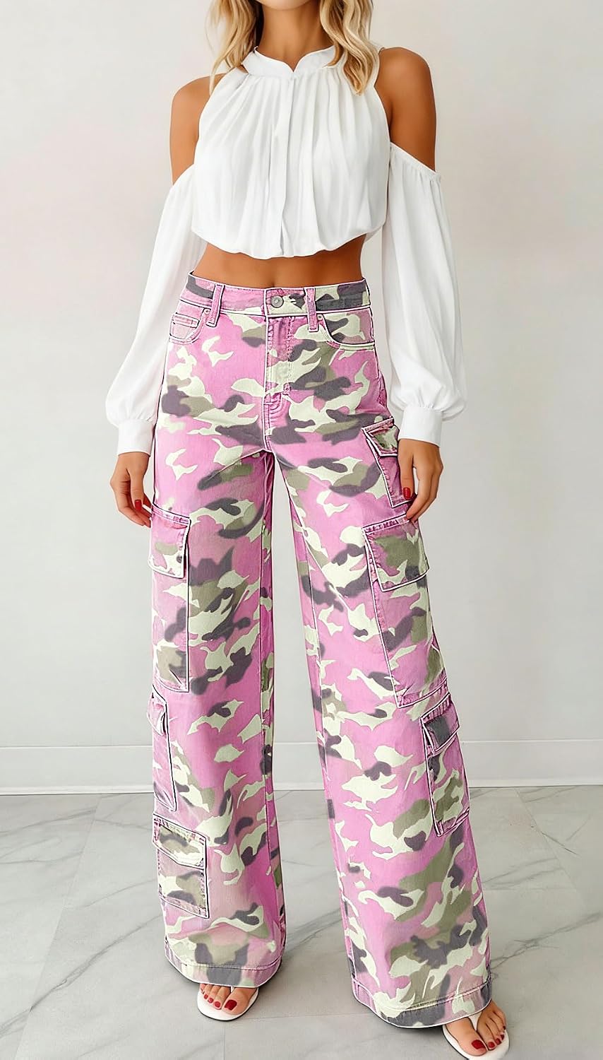 Chouyatou Women Casual Camo Print Denim Pants Y2k Wide Leg Cargo Jeans Flare Distressed Camouflage Jeans Sweatpants Pockets