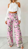 Chouyatou Women Casual Camo Print Denim Pants Y2k Wide Leg Cargo Jeans Flare Distressed Camouflage Jeans Sweatpants Pockets