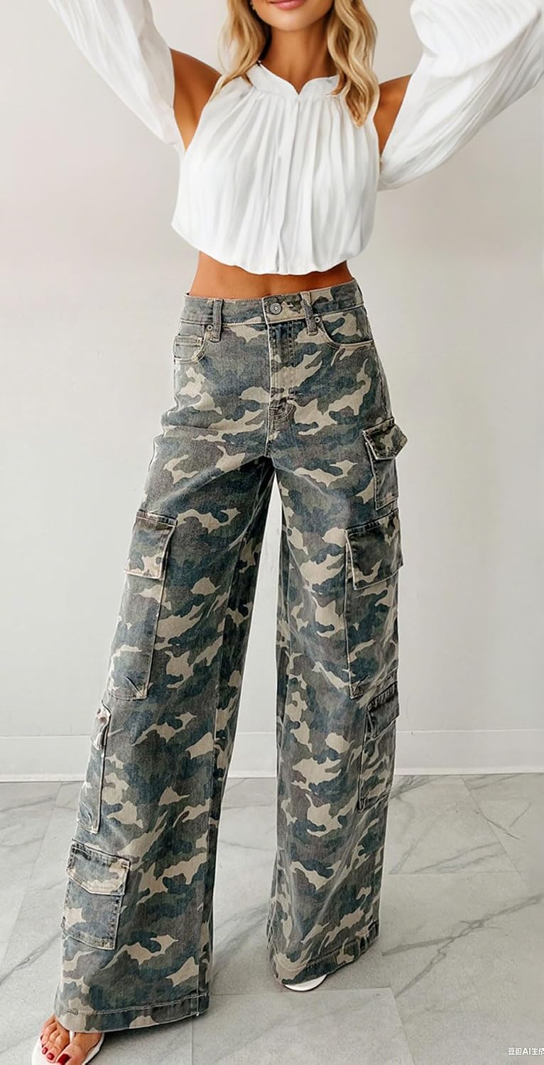 Chouyatou Women Casual Camo Print Denim Pants Y2k Wide Leg Cargo Jeans Flare Distressed Camouflage Jeans Sweatpants Pockets