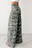 Chouyatou Women Casual Camo Print Denim Pants Y2k Wide Leg Cargo Jeans Flare Distressed Camouflage Jeans Sweatpants Pockets