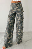 Chouyatou Women Casual Camo Print Denim Pants Y2k Wide Leg Cargo Jeans Flare Distressed Camouflage Jeans Sweatpants Pockets