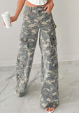 Chouyatou Women Casual Camo Print Denim Pants Y2k Wide Leg Cargo Jeans Flare Distressed Camouflage Jeans Sweatpants Pockets