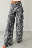 Chouyatou Women Casual Camo Print Denim Pants Y2k Wide Leg Cargo Jeans Flare Distressed Camouflage Jeans Sweatpants Pockets
