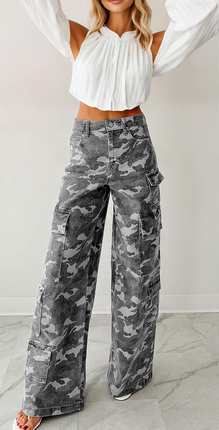 Chouyatou Women Casual Camo Print Denim Pants Y2k Wide Leg Cargo Jeans Flare Distressed Camouflage Jeans Sweatpants Pockets