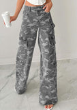 Chouyatou Women Casual Camo Print Denim Pants Y2k Wide Leg Cargo Jeans Flare Distressed Camouflage Jeans Sweatpants Pockets