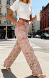 Chouyatou Women Casual Camo Print Denim Pants Y2k Wide Leg Cargo Jeans Flare Distressed Camouflage Jeans Sweatpants Pockets