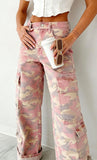 Chouyatou Women Casual Camo Print Denim Pants Y2k Wide Leg Cargo Jeans Flare Distressed Camouflage Jeans Sweatpants Pockets