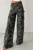 Chouyatou Women Casual Camo Print Denim Pants Y2k Wide Leg Cargo Jeans Flare Distressed Camouflage Jeans Sweatpants Pockets