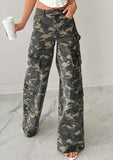Chouyatou Women Casual Camo Print Denim Pants Y2k Wide Leg Cargo Jeans Flare Distressed Camouflage Jeans Sweatpants Pockets