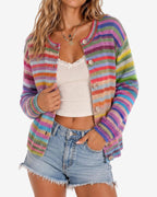 Chouyatou Women's Cute Rainbow Striped Button Down Knit Cardigan Sweaters Trendy Colorful Stripes, Open Front, Loose Fit, Lightweight Cardigans For Women