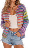 Chouyatou Women's Cute Rainbow Striped Button Down Knit Cardigan Sweaters 2026 Trendy Colorful Stripes, Open Front, Loose Fit, Lightweight Cardigans For Women