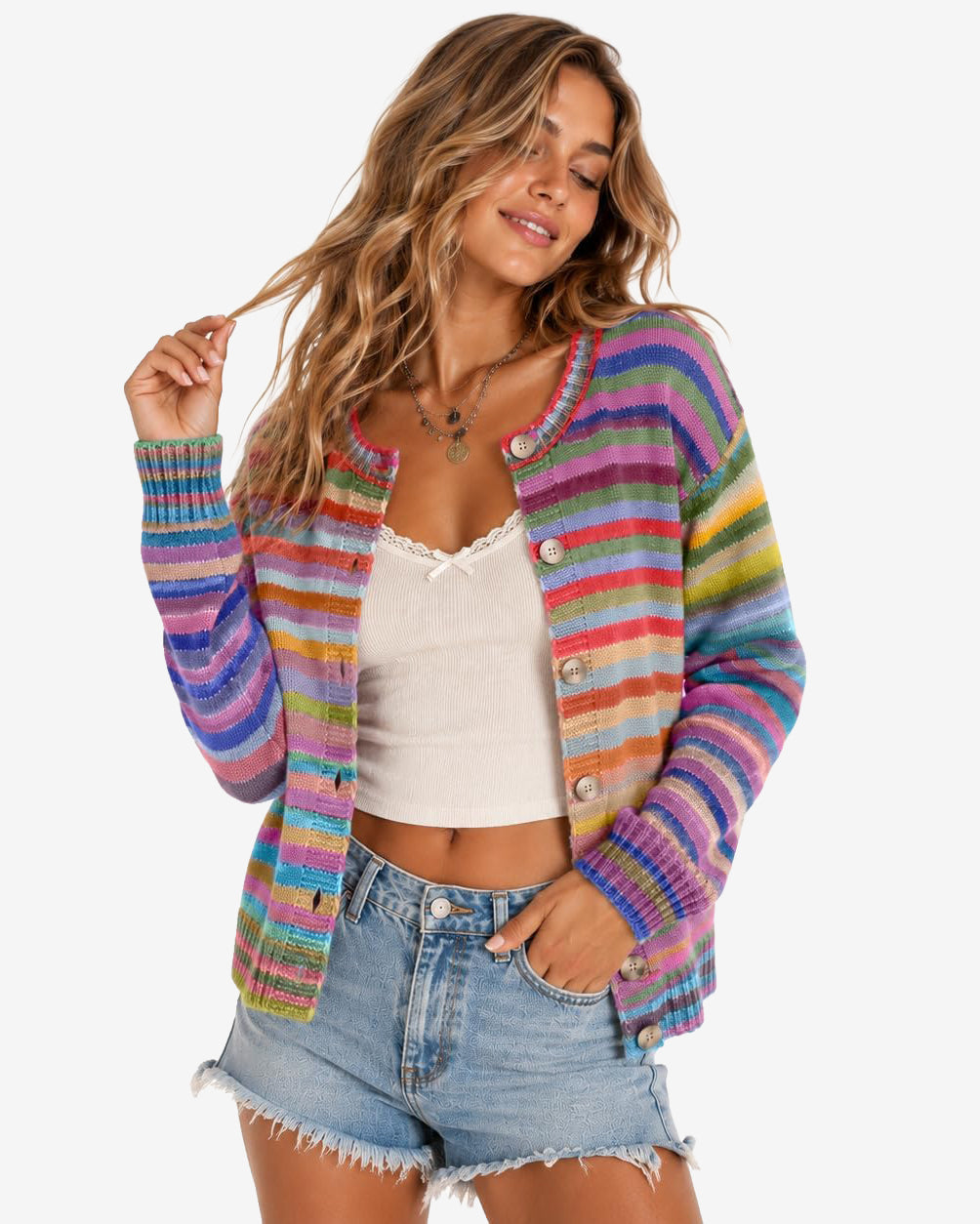 Chouyatou Women's Cute Rainbow Striped Button Down Knit Cardigan Sweaters Trendy Colorful Stripes, Open Front, Loose Fit, Lightweight Cardigans For Women