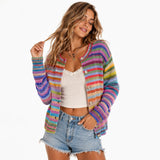 Chouyatou Women's Cute Rainbow Striped Button Down Knit Cardigan Sweaters 2026 Trendy Colorful Stripes, Open Front, Loose Fit, Lightweight Cardigans For Women