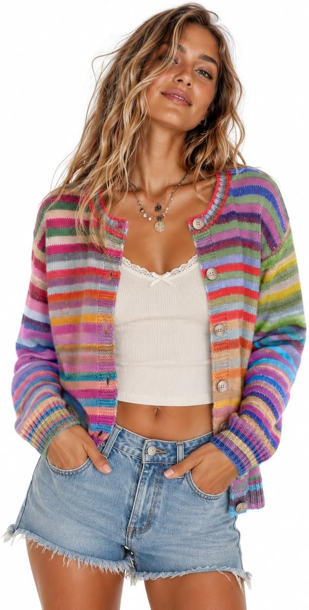 Chouyatou Women's Cute Rainbow Striped Button Down Knit Cardigan Sweaters Trendy Colorful Stripes, Open Front, Loose Fit, Lightweight Cardigans For Women