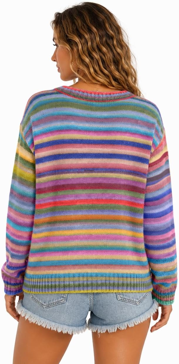 Chouyatou Women's Cute Rainbow Striped Button Down Knit Cardigan Sweaters Trendy Colorful Stripes, Open Front, Loose Fit, Lightweight Cardigans For Women