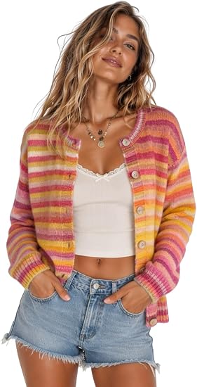Chouyatou Women's Cute Rainbow Striped Button Down Knit Cardigan Sweaters Trendy Colorful Stripes, Open Front, Loose Fit, Lightweight Cardigans For Women