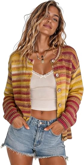 Chouyatou Women's Cute Rainbow Striped Button Down Knit Cardigan Sweaters Trendy Colorful Stripes, Open Front, Loose Fit, Lightweight Cardigans For Women