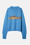 Chouyatou Women Fashion Crew Neck Rib Knit Crucian Carp Graphic Oversized Y2k Pullover Sweater Jumper