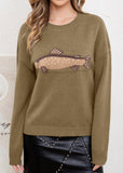 Chouyatou Women Fashion Crew Neck Rib Knit Crucian Carp Graphic Oversized Y2k Pullover Sweater Jumper