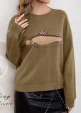 Chouyatou Women Fashion Crew Neck Rib Knit Crucian Carp Graphic Oversized Y2k Pullover Sweater Jumper