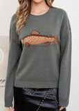 Chouyatou Women Fashion Crew Neck Rib Knit Crucian Carp Graphic Oversized Y2k Pullover Sweater Jumper