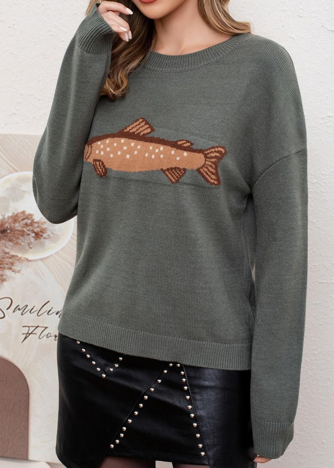 Chouyatou Women Fashion Crew Neck Rib Knit Crucian Carp Graphic Oversized Y2k Pullover Sweater Jumper