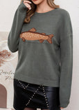 Chouyatou Women Fashion Crew Neck Rib Knit Crucian Carp Graphic Oversized Y2k Pullover Sweater Jumper