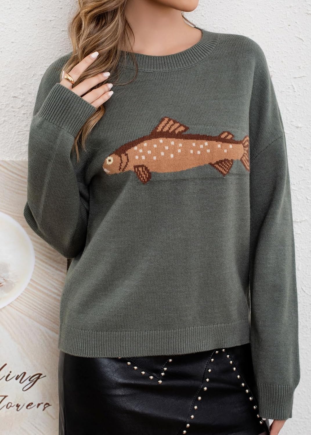 Chouyatou Women Fashion Crew Neck Rib Knit Crucian Carp Graphic Oversized Y2k Pullover Sweater Jumper