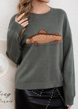 Chouyatou Women Fashion Crew Neck Rib Knit Crucian Carp Graphic Oversized Y2k Pullover Sweater Jumper