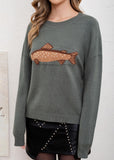 Chouyatou Women Fashion Crew Neck Rib Knit Crucian Carp Graphic Oversized Y2k Pullover Sweater Jumper