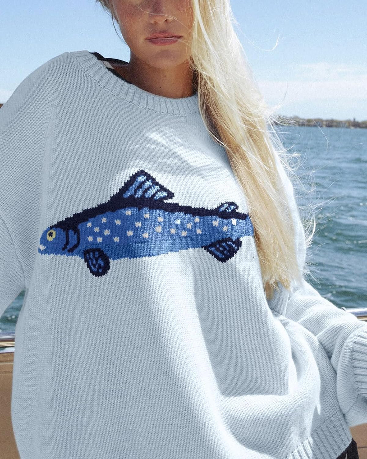 Chouyatou Women Fashion Crew Neck Rib Knit Crucian Carp Graphic Oversized Y2k Pullover Sweater Jumper