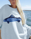 Chouyatou Women Fashion Crew Neck Rib Knit Crucian Carp Graphic Oversized Y2k Pullover Sweater Jumper