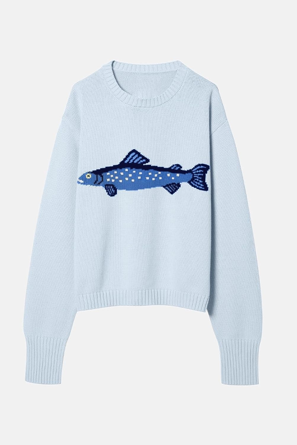 Chouyatou Women Fashion Crew Neck Rib Knit Crucian Carp Graphic Oversized Y2k Pullover Sweater Jumper