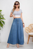 Chouyatou Women's Retro High Waisted Button Fly Flared Long Jean Skirts Pleated Flowy Swing A-line Denim Maxi Skirts