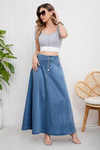 Chouyatou Women's Retro High Waisted Button Fly Flared Long Jean Skirts Pleated Flowy Swing A-line Denim Maxi Skirts