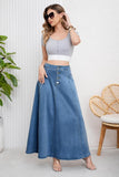 Chouyatou Women's Retro High Waisted Button Fly Flared Long Jean Skirts Pleated Flowy Swing A-line Denim Maxi Skirts