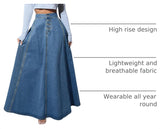 Chouyatou Women's Retro High Waisted Button Fly Flared Long Jean Skirts Pleated Flowy Swing A-line Denim Maxi Skirts