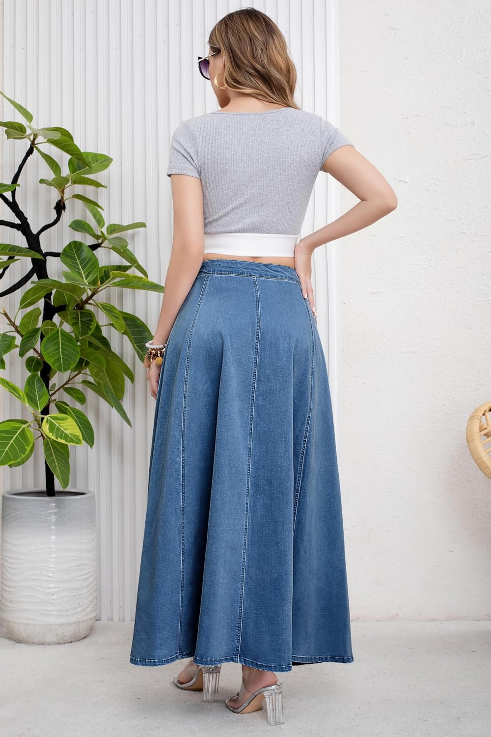 Chouyatou Women's Retro High Waisted Button Fly Flared Long Jean Skirts Pleated Flowy Swing A-line Denim Maxi Skirts