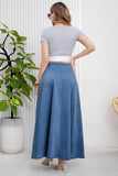 Chouyatou Women's Retro High Waisted Button Fly Flared Long Jean Skirts Pleated Flowy Swing A-line Denim Maxi Skirts