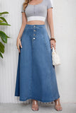 Chouyatou Women's Retro High Waisted Button Fly Flared Long Jean Skirts Pleated Flowy Swing A-line Denim Maxi Skirts