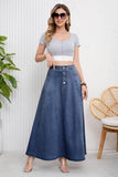 Chouyatou Women's Retro High Waisted Button Fly Flared Long Jean Skirts Pleated Flowy Swing A-line Denim Maxi Skirts