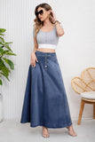 Chouyatou Women's Retro High Waisted Button Fly Flared Long Jean Skirts Pleated Flowy Swing A-line Denim Maxi Skirts