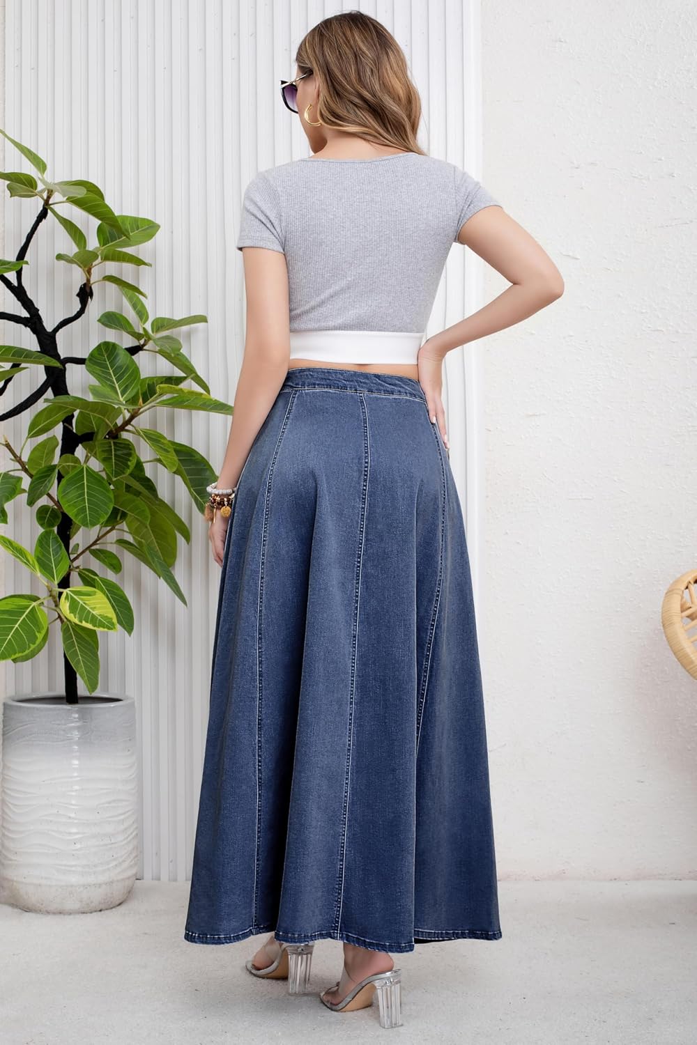 Chouyatou Women's Retro High Waisted Button Fly Flared Long Jean Skirts Pleated Flowy Swing A-line Denim Maxi Skirts