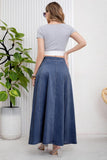Chouyatou Women's Retro High Waisted Button Fly Flared Long Jean Skirts Pleated Flowy Swing A-line Denim Maxi Skirts