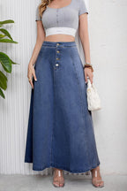 Chouyatou Women's Retro High Waisted Button Fly Flared Long Jean Skirts Pleated Flowy Swing A-line Denim Maxi Skirts