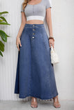 Chouyatou Women's Retro High Waisted Button Fly Flared Long Jean Skirts Pleated Flowy Swing A-line Denim Maxi Skirts