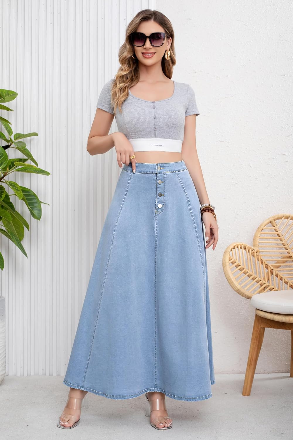 Chouyatou Women's Retro High Waisted Button Fly Flared Long Jean Skirts Pleated Flowy Swing A-line Denim Maxi Skirts